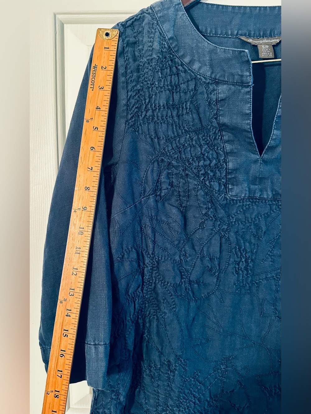 TOMMY BAHAMA Sm 100% LINEN Capsule Preppy Sustainable Embroidered Blue Tunic Top - Picture 6 of 10